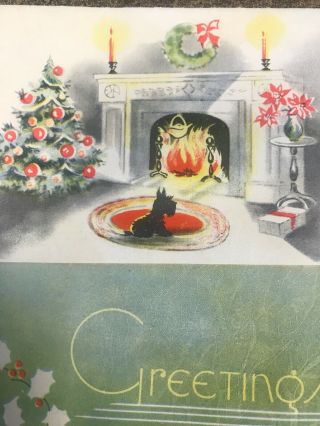 Vintage Christmas Card Art Deco Black Scottie Dog Fireplace Scottish Terrier