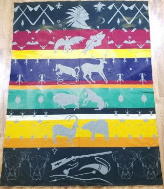 Huge Vintage Native American Wool Camp Blanket Chief Buffalo Tomahawks Animals