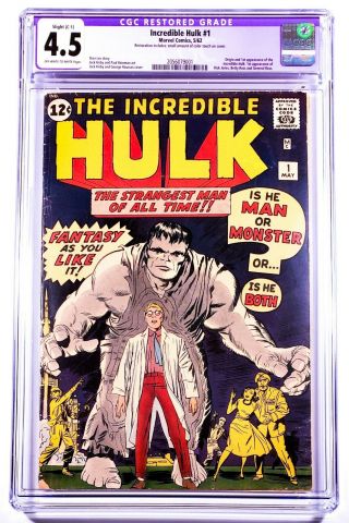 1962 Marvel Comics Incredible Hulk 1 Cgc 4.  5 Slight Color Touch Ow/white Grail