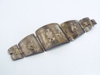 Vintage Peruvian Sterling Silver Story Teller Panel Link Bracelet,  Signed,  7 "