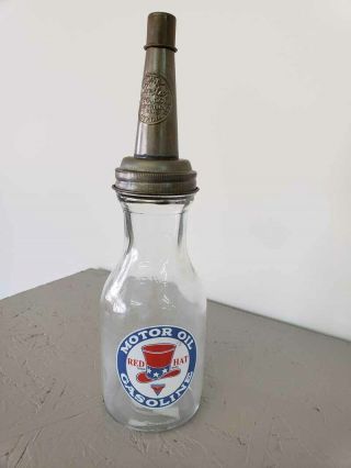 Red Hat Gasoline Motor Oil Glass Bottle With Metal Pour Spout