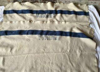 Vintage Us Navy Wool Blanket W/blue Stripe Block Letters 80” X 48”