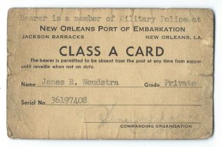 Wwii 1940s U.  S.  Army Class A Card,  Orleans Port Of Embarkation Mp