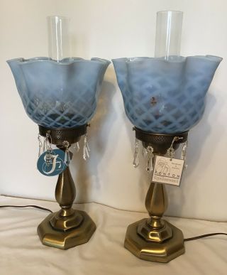 2 - Vintage Fenton Art Glass Blue Opalescent Diamond Optic Lamps With Prisms