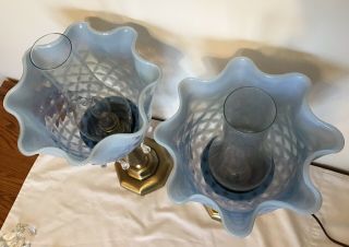 2 - VINTAGE FENTON ART GLASS BLUE OPALESCENT DIAMOND OPTIC LAMPS WITH PRISMS 3
