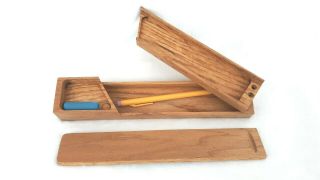 Vintage Wood Wooden Pencil Box W/ Sliding Lid Oak Case Desktop Organizer 1d