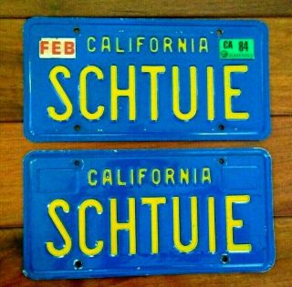 Vintage California Blue License Plate Tag Pair 1984 Personalized Schtuie