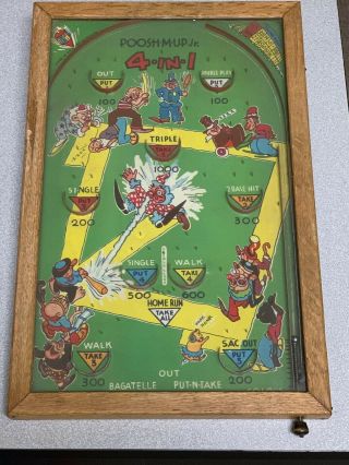 Vintage Bagatelle Baseball Pinball Game Toy Poosh - M - Up - Jr 17 " Northwestern Usa