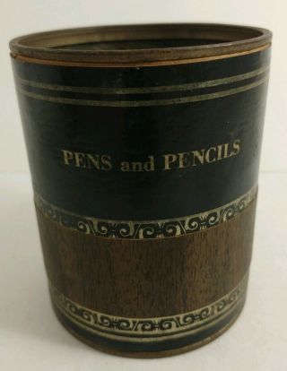 Vintage Desk Organizer Pen Pencil Paper Clip Holder Cup - Leather Band Wood Look