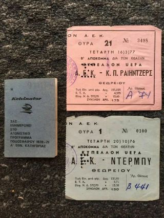 Rrr 2 Tickets Aek Athens Uefa Cup Vintage 1977 Greece And Footbal Programe