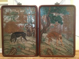 Pair Vintage Chinese Paint On Board Cow & Dog Wood Framed Signed