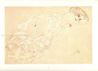 Gustav Klimt - Erotic Drawing Rare Print From 1979 - Woman Lying In Bed