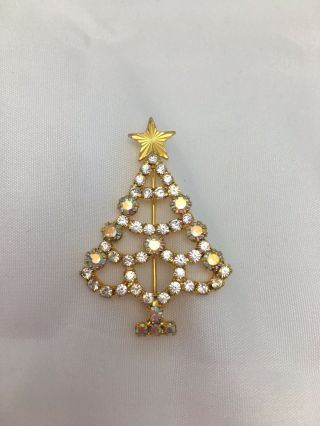 Christmas Holiday Brooch Pin Gold Tone Christmas Tree Clear Rhinestones Vtg