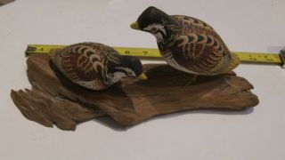 Vintage Hand Carved Painted Wood Quail Pair Birds On Driftwood Signed