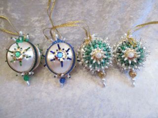 4 Vintage Hand Made White Satin Sequins/beaded Christmas Tree Ornaments