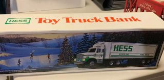 1987 Hess Toy Truck Bank.  With Siding Trailer Box Doors & Oil Barrels