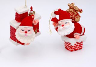 Vintage Blow Mold Santa Christmas Ornaments With Flocking