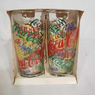 Vintage 1990 Set Of 4 Coca Cola Coke Multi Color Logo Cooler Glasses 15 Oz.
