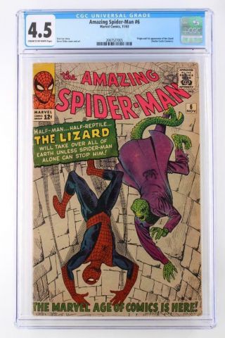 Spider - Man 6 - Cgc 4.  5 Vg,  Marvel 1963 - Origin & 1st App Lizard