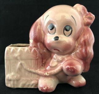 Vintage Ceramic Pink Puppy Dog With Basket Planter -