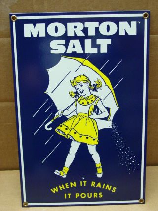 Heavy Metal Enameled Porcelain Sign Morton Salt When It Rains It Pours 12 " X 8 "