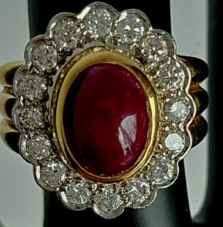 Vintage Estate 18k Yellow Gold,  Diamond And Ruby Red Cabochon Ring