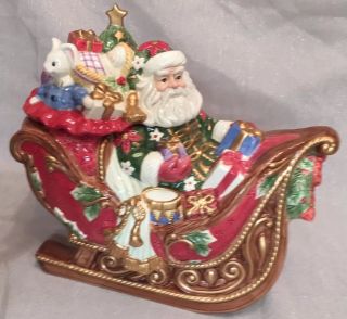Fitz & Floyd Santas Sleigh Cookie Jar Santa Claus Christmas W/ Box 11 " X 12” Euc