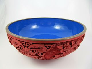 Vintage Chinese Hand Carved Cinnabar Lacquer Bowl With Blue Enameling,  Floral 8 "
