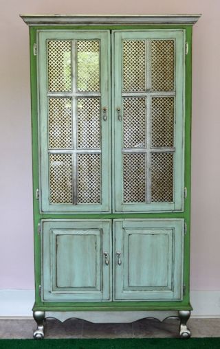 Vintage Upcycled Shabby Green & Blue French Style Hutch Cabinet