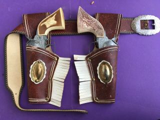 Vintage 60s Toy Hubley Cowboy Colt 45 Double Cap Pistols W Real Leather Holster