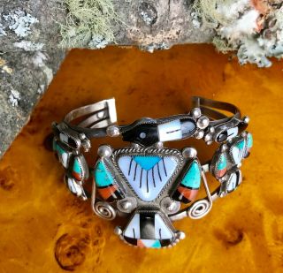 Vintage Museum Quality Native American Zuni Multi - Stone Inlay Cuff Bracelet,  Ste