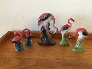 5 Vintage Mid - Century Porcelain Pink Flamingo Porcelain Ceramic Figurines