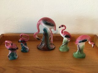 5 Vintage Mid - Century Porcelain Pink Flamingo Porcelain Ceramic Figurines 2