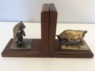 Vintage Wall Street Stock Market Bear & Bull Brass Bronze Wood Book End Bookends