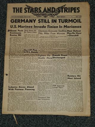 Wwii Stars And Stripes Newspaper July 25,  1944 Us Marines Invade Tinian