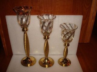 Set Of 3 Partylite Gold Peglite Glass Globe Brass Candle Holders