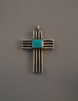 Unique Vintage Navajo Indian Cross Pendant - Bands Of Silver W.  Turquoise