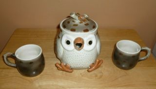 Vintage Fitz And Floyd Owl Teapot With Lid And 2 Teacups - 1978 Ceramic Japan