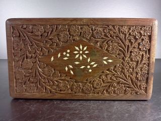 Vintage Hand Carved Sheesham Divided Wood Box Brass Inlay