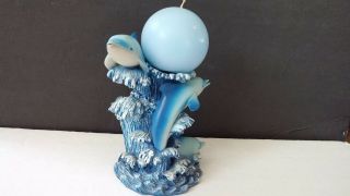 Three Dolphin In Waves Resin Candle Holder Base With Ball Candle 8 " Tall
