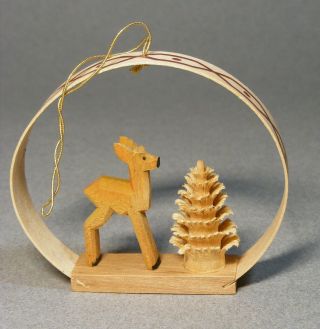 Vtg Erzgebirge Shaved Wood Deer Fawn & Fir Tree Christmas Ornament