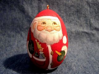 Hand Made Wooden Russian Santa Claus On Skis W/back Pack Egg Tree Ornament