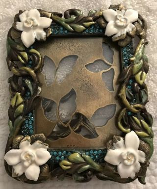Jay Strongwater Enamel Swarovski Crystal White Flower Picture Frame Art Nouveau