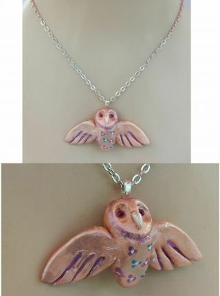 Necklace Owl Pendant Pink Jewelry Handmade Chain Hand Sculpted Polymer Clay