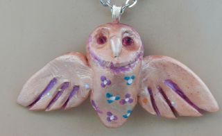 Necklace Owl Pendant Pink Jewelry Handmade Chain Hand Sculpted Polymer Clay 2
