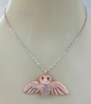 Necklace Owl Pendant Pink Jewelry Handmade Chain Hand Sculpted Polymer Clay 3