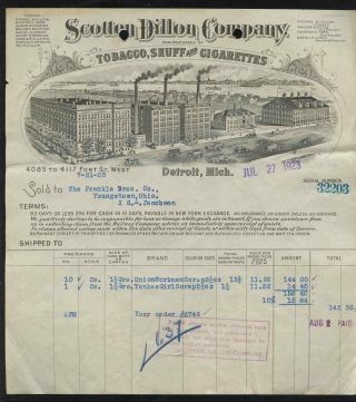 1923 Billhead Scotten Dillon Co Tobacco,  Snuff,  Cigarettes Detroit,  Mi/ Engraving