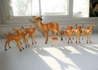 8 Vintage Hard Plastic Deer Fawn Reindeer Figurines 2 1/4 " 3 3/4 " 5 1/2 " Tall