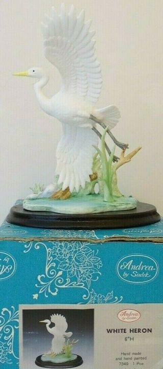 White Heron Andrea By Sadek 7349 Ceramic Bird Figurine 6 Inch Stand & Box
