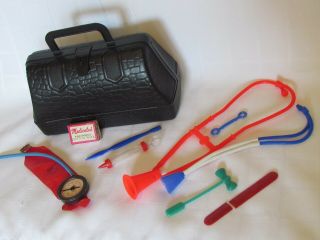 Vintage Toy Medical Kit Doctors Bag W/ Contents Black Plastic Case